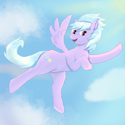 Size: 3000x3000 | Tagged: safe, artist:fdv.alekso, cloudchaser, pegasus, pony, chest fluff, cloud, female, flying, mare, open mouth, raised hoof, raised leg, smiling, solo, spread wings