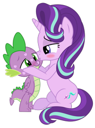 Size: 1229x1657 | Tagged: safe, artist:kingdark0001, derpibooru import, spike, starlight glimmer, dragon, pony, blushing, cute, female, kiss mark, kissing, lipstick, lucky bastard, male, romantic, shipping, simple background, sparlight, straight, transparent background, winged spike, wings