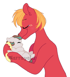 Size: 536x587 | Tagged: safe, artist:marrayala, derpibooru import, big macintosh, oc, oc:butter apple, earth pony, pegasus, pony, baby, baby pony, base used, colt, crying, duo, eyes closed, father and child, father and son, holding a pony, liquid pride, male, messy mane, offspring, parent and child, parent:big macintosh, parent:fluttershy, parents:fluttermac, simple background, smiling, tears of joy, teary eyes, transparent background, unshorn fetlocks, watermark