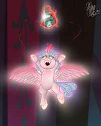 Size: 1646x2048 | Tagged: safe, artist:hippiecide, derpibooru import, cozy glow, alicorn, pony, alicornified, bell, cozycorn, female, filly, flying, foal, grogar's bell, levitation, looking up, magic, open mouth, open smile, ponytober, race swap, sharp teeth, smiling, solo, spell, spread wings, teeth, telekinesis, unshorn fetlocks, wings