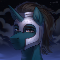 Size: 2000x2000 | Tagged: safe, artist:fenwaru, derpibooru import, oc, oc only, oc:slashing prices, pony, unicorn, bust, commission, eyebrows, frown, helmet, high res, horn, looking at you, male, night, portrait, royal guard, smoke, solo, stallion, stars, unicorn oc, watermark