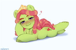 Size: 2330x1534 | Tagged: safe, artist:muhomora, derpibooru import, tree hugger, earth pony, pony, bedroom eyes, blushing, chibi, female, floating heart, heart, looking at you, lying down, mare, prone, solo