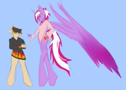 Size: 852x610 | Tagged: safe, artist:skygunner, derpibooru import, oc, oc:magic meat, oc:trade jack, alicorn, anthro, unguligrade anthro, unicorn, boyfriend, colored sketch, colored wings, gay, gradient wings, hat, large wings, male, sweat, tall, wings