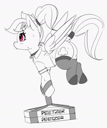 Size: 1666x1982 | Tagged: safe, artist:pabbley, derpibooru import, rainbow dash, pegasus, pony, alternate hairstyle, clothes, delivery pony, female, flying, grayscale, hoof strap, mare, monochrome, neo noir, partial color, peetzer, pizza box, ponytail, solo, stockings, sweat, thigh highs