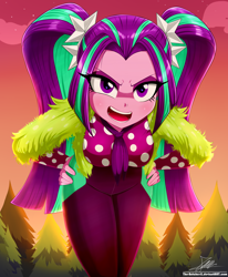 Size: 1784x2163 | Tagged: safe, artist:the-butch-x, derpibooru import, aria blaze, better together, equestria girls, sunset's backstage pass!, angry, breasts, female, hand on hip, looking at you, open mouth, pigtails, pine tree, redraw, solo, tree, tsundere, twintails