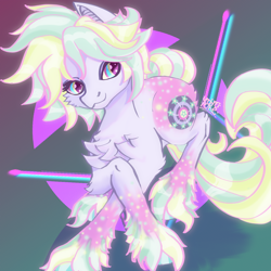 Size: 3000x3000 | Tagged: safe, artist:umbrapone, derpibooru import, oc, oc:bass-beat, earth pony, pony, abstract background, bat ears, butt fluff, butt freckles, chest fluff, coat markings, dancing, dappled, elbow fluff, freckles, green mane, long tail, multicolored hair, pink mane, short mane, shoulder fluff, tail, unshorn fetlocks, yellow mane