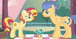 Size: 1014x531 | Tagged: safe, artist:twifanclub, derpibooru import, edit, edited screencap, screencap, flash sentry, sunset shimmer, pegasus, pony, unicorn, hearts and hooves day (episode), female, flashimmer, looking at each other, male, mare, shipping, stallion, straight