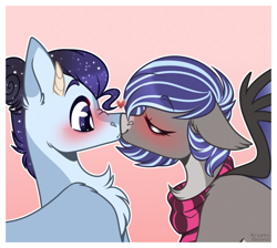 Size: 1219x1094 | Tagged: safe, artist:krypticquartz, derpibooru import, oc, oc only, bat pony, earth pony, pony, blushing, clothes, commission, eyes closed, female, floating heart, heart, kissing, mare, oc x oc, scarf, shipping, ych result