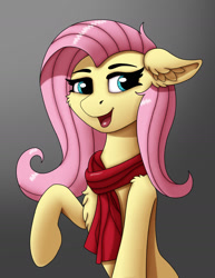 Size: 1280x1658 | Tagged: safe, artist:fess, derpibooru import, fluttershy, pony, bust, cheek fluff, chest fluff, clothes, ear fluff, ears, female, floppy ears, gradient background, looking at you, mare, open mouth, open smile, raised hoof, raised leg, scarf, shoulder fluff, smiling, solo, three quarter view, wingless