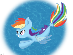 Size: 849x637 | Tagged: safe, artist:doct0rnop3, derpibooru import, rainbow dash, pegasus, seapony (g4), blue background, dorsal fin, female, fin wings, fins, fish tail, flowing tail, grin, ocean, pink eyes, seaponified, seapony rainbow dash, simple background, smiling, solo, species swap, swimming, tail, teeth, underwater, water, wings