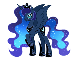 Size: 1499x1215 | Tagged: safe, artist:madlilon2051, derpibooru import, princess luna, alicorn, pony, base used, ethereal mane, female, hoof shoes, horn, jewelry, mare, peytral, raised hoof, raised leg, simple background, smiling, starry mane, tiara, transparent background, wings