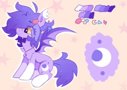 Size: 1383x981 | Tagged: safe, artist:sugaryyflower, derpibooru import, oc, oc only, oc:lavendersugar, bat pony, pony, abstract background, accessories, bat pony oc, coat markings, cutie mark, jewelry, lavender, mane, necklace, purple, reference sheet, sitting, socks (coat marking), solo