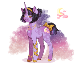 Size: 1280x1051 | Tagged: safe, artist:clown-bread, derpibooru import, oc, oc only, pony, unicorn, bow, crescent moon, female, hoof polish, horn, magical lesbian spawn, mare, moon, offspring, parent:princess amore, parent:princess luna, simple background, smiling, solo, stars, tail, tail bow, transparent background, unicorn oc