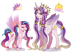 Size: 1280x905 | Tagged: safe, artist:clown-bread, derpibooru import, oc, oc only, alicorn, earth pony, pony, alicorn oc, artificial wings, augmented, duo, earth pony oc, female, hoof polish, horn, magic, magic wings, magical lesbian spawn, mare, offspring, parent:princess cadance, parent:princess celestia, raised hoof, raised leg, simple background, smiling, transparent background, wings