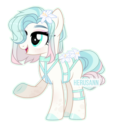 Size: 2300x2468 | Tagged: safe, artist:herusann, artist:lazuli0209, derpibooru import, oc, oc only, earth pony, pony, base used, earth pony oc, eyelashes, female, flower, flower in hair, mare, raised hoof, raised leg, simple background, smiling, solo, transparent background