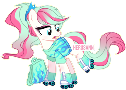 Size: 3690x2660 | Tagged: safe, artist:herusann, artist:lazuli0209, derpibooru import, oc, oc only, earth pony, pony, bag, base used, clothes, earth pony oc, eyelashes, female, looking back, mare, roller skates, simple background, smiling, solo, transparent background