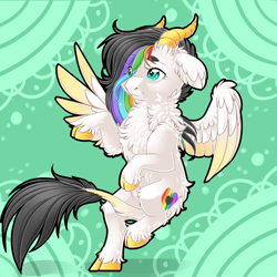 Size: 2834x2834 | Tagged: safe, artist:schokocream, derpibooru import, oc, oc only, oc:lightning bliss, alicorn, pony, abstract background, chest fluff, cloven hooves, colored wings, female, horns, leonine tail, mare, tail, two toned wings, wings