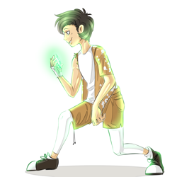 Size: 1984x1984 | Tagged: safe, artist:schokocream, derpibooru import, oc, oc only, oc:tyandaga, human, clothes, gem, glowing hands, humanized, male, shoes, shorts, simple background, smiling, white background