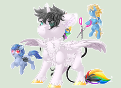 Size: 5501x4017 | Tagged: safe, artist:schokocream, derpibooru import, oc, oc only, oc:aeon of dreams, oc:finn the pony, oc:lightning bliss, bat pony, pony, bat pony oc, chest fluff, female, flying, male, mare, micro, puffy cheeks, scissors, smiling, spread wings, stallion, wings