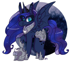 Size: 2200x1963 | Tagged: safe, artist:shinyantlers, derpibooru import, princess luna, alicorn, bat pony, bat pony alicorn, pony, bat wings, ethereal mane, female, helmet, hoof shoes, horn, mare, peytral, raised hoof, raised leg, simple background, solo, starry mane, transparent background, wings