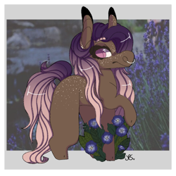 Size: 1963x1963 | Tagged: safe, artist:shinyantlers, derpibooru import, oc, earth pony, pony, earth pony oc, female, flower, mare, nose piercing, nose ring, piercing, raised hoof, raised leg, simple background, solo, transparent background