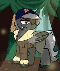 Size: 744x884 | Tagged: safe, artist:tranzmuteproductions, derpibooru import, oc, oc only, oc:tranzmute, bat pony, pony, baseball cap, bat pony oc, bat wings, bomber jacket, cap, clothes, eyepatch, hat, jacket, male, outdoors, smiling, solo, stallion, wings