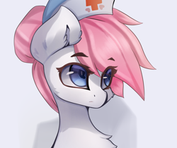 Size: 2689x2257 | Tagged: safe, artist:jfrxd, derpibooru import, nurse redheart, earth pony, pony, chest fluff, eye clipping through hair, eyebrows, eyebrows visible through hair, female, hat, nurse hat, simple background, solo, white background