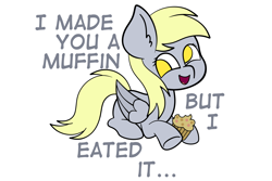 Size: 3000x2000 | Tagged: safe, artist:veeayydee, derpibooru import, derpy hooves, pegasus, pony, but i eated it, derpy being derpy, female, food, grammar error, hoof hold, lying down, mare, muffin, no pupils, open mouth, prone, simple background, smiling, solo, talking, talking to viewer, text, white background, wings
