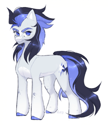Size: 960x1124 | Tagged: safe, artist:pparsley, derpibooru import, oc, oc only, earth pony, pony, beautiful eyes, blue eyes, bushy brows, coat markings, colored eyebrows, colored pupils, earth pony oc, eyelashes, gray coat, hock fluff, looking at you, pale belly, signature, simple background, socks (coat marking), solo, tail, two toned mane, two toned tail, unobtrusive watermark, watermark, white background