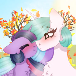 Size: 1280x1280 | Tagged: safe, artist:moodi, derpibooru import, princess celestia, twilight sparkle, twilight sparkle (alicorn), alicorn, pony, autumn, blushing, boop, chest fluff, cute, eyebrows, female, leaves, lesbian, nose wrinkle, noseboop, shipping, tree, twilestia