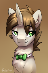 Size: 2000x3000 | Tagged: safe, artist:jedayskayvoker, derpibooru import, oc, oc:coda, pony, unicorn, bow, bowtie, bust, cute, eyebrows, eyebrows visible through hair, icon, male, patreon, patreon reward, portrait, solo, stallion