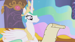 Size: 1920x1080 | Tagged: safe, derpibooru import, screencap, princess celestia, alicorn, pony, griffon the brush off, season 1, crown, female, jewelry, letter, lying down, mare, prone, regalia, solo