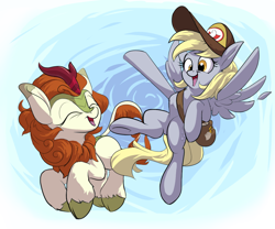 Size: 1200x1000 | Tagged: safe, artist:rocket-lawnchair, derpibooru import, autumn blaze, derpy hooves, kirin, pegasus, pony, cap, duo, eyes closed, feather, female, hat, mailbag, open mouth, open smile, smiling, spread wings, wings