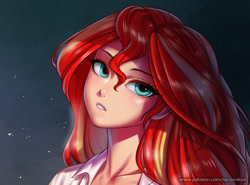 Size: 900x666 | Tagged: safe, artist:racoonsan, derpibooru import, sunset shimmer, equestria girls, beautiful, bust, eyebrows, eyebrows visible through hair, female, looking at you, patreon, portrait, simple background, solo