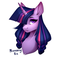 Size: 800x800 | Tagged: safe, artist:buvanybu, derpibooru import, twilight sparkle, pony, alternate hairstyle, bust, chest fluff, cute, female, hair over one eye, mare, portrait, simple background, solo, twiabetes, white background