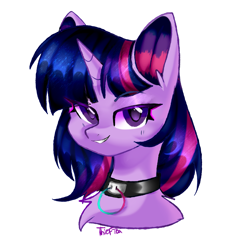 Size: 2253x2255 | Tagged: safe, artist:thieftea, derpibooru import, twilight sparkle, twilight sparkle (alicorn), alicorn, pony, unicorn, bust, collar, dreamworks face, eye clipping through hair, eyebrows, eyebrows visible through hair, female, grin, head, high res, looking at you, mare, portrait, simple background, smiling, smiling at you, solo, white background