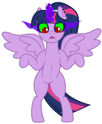 Size: 3992x4853 | Tagged: safe, artist:severity-gray, derpibooru import, twilight sparkle, twilight sparkle (alicorn), alicorn, pony, alternate hairstyle, ankha zone, bipedal, dark magic, eyeshadow, female, magic, magic aura, makeup, mare, meme, open mouth, parody, piercing, ponified, ponified meme, ponytail, red eyes, simple background, solo, sombra eyes, spread wings, standing, standing up, transparent background, unamused, wide eyes, wings