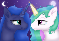 Size: 1440x1000 | Tagged: safe, artist:greenlion, derpibooru import, princess celestia, princess luna, alicorn, anthro, original species, pegasus, pony, conflict, duo, fanart, female, glowing, glowing horn, horn, horns are touching, looking at each other, magic, moon, night, princess, royal sisters, siblings, sisters