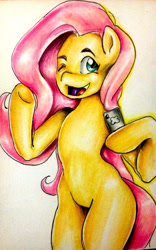 Size: 1024x1638 | Tagged: safe, artist:nolyanimeid, derpibooru import, fluttershy, pegasus, pony, bipedal, cellphone, female, hoof hold, looking at you, mare, missing cutie mark, one eye closed, open mouth, open smile, phone, selfie, smartphone, smiling, smiling at you, solo, traditional art, wingless, wink, winking at you