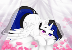 Size: 960x679 | Tagged: safe, artist:kawaiizhele, derpibooru import, oc, oc only, alicorn, pony, alicorn oc, base used, bed, bedroom eyes, blushing, fangs, female, horn, looking at you, mare, petals, rose petals, solo, sparkles, wings