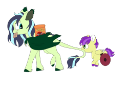 Size: 1280x960 | Tagged: safe, artist:doodletheexpoodle, derpibooru import, oc, oc only, oc:speed well, oc:whistle tune, bat pony, pegasus, pony, bat pony oc, biting, brothers, colt, duo, graham cracker, male, mouth hold, offspring, parent:fluttershy, parent:soarin', parents:soarinshy, siblings, tail, tail bite, wheelchair