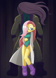 Size: 1280x1801 | Tagged: safe, artist:howxu, derpibooru import, fluttershy, human, boots, breasts, clothes, commission, fingerless gloves, flutterhulk, glasses, gloves, hair over one eye, hootershy, humanized, lab coat, leotard, marvel comics, muscles, muscleshy, pony coloring, round glasses, she-hulk, shoes, solo