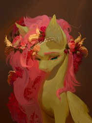 Size: 3000x4000 | Tagged: safe, artist:yanisfucker, derpibooru import, fluttershy, pegasus, pony, big ears, black sclera, bust, cute, daaaaaaaaaaaw, ear fluff, ears, female, flower, flower in hair, folded wings, gradient background, high res, looking down, mare, portrait, sad, shyabetes, solo, teary eyes, three quarter view, wings