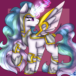 Size: 1440x1439 | Tagged: safe, artist:bluemoon, derpibooru import, princess celestia, alicorn, pony, armor, female, horn, magic, mare, royal guard, royal sisters, royalty, siblings, sisters, solo, spread wings, wings