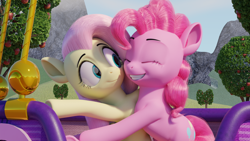 Size: 3840x2160 | Tagged: safe, artist:gabro46, derpibooru import, fluttershy, pinkie pie, earth pony, pegasus, pony, rainbow roadtrip, 3d, blender, duo, eyes closed, female, hot air balloon, hug, mare, smiling