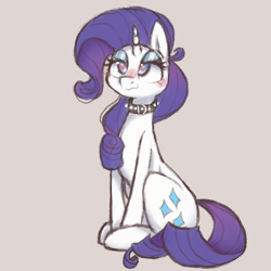 Size: 1360x1360 | Tagged: artist needed, safe, derpibooru import, rarity, pony, unicorn, blushing, collar, female, gray background, heart eyes, mare, simple background, sitting, smiling, wavy mouth, wingding eyes