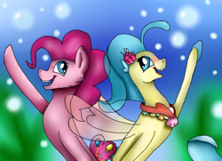 Size: 700x508 | Tagged: safe, artist:daedric-dragon, derpibooru import, pinkie pie, princess skystar, earth pony, pony, seapony (g4), my little pony: the movie, blue eyes, blue mane, bubble, clothes, dorsal fin, female, fin wings, fins, fish tail, flower, flower in hair, flowing tail, jewelry, necklace, ocean, one small thing, open mouth, pearl necklace, pink mane, seaponified, seapony pinkie pie, seaquestria, seashell necklace, see-through, smiling, species swap, tail, teeth, underwater, water, wings