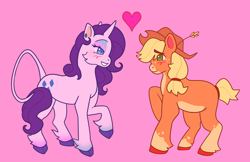 Size: 2048x1331 | Tagged: safe, artist:mangostar, derpibooru import, applejack, rarity, earth pony, pony, unicorn, blushing, cowboy hat, female, hat, heart, leonine tail, lesbian, mare, rarijack, shipping, tail