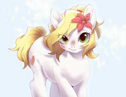Size: 2730x2111 | Tagged: safe, artist:g4bby, derpibooru import, oc, oc only, oc:epithumia, earth pony, pony, blonde, blonde mane, blushing, earth pony oc, female, flower, flower in hair, looking at you, mare, raised eyebrow, simple background, smiling, smiling at you, smirk, solo, white background