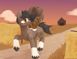 Size: 2576x2000 | Tagged: safe, artist:penpale-heart, oc, oc only, oc:acres, oc:autumn draft, earth pony, pony, barn, black mane, black tail, blaze (coat marking), blonde, blonde mane, brown coat, cloud, cloven hooves, coat, coat markings, colt, cowboy hat, detailed background, dirt path, duo, earth pony oc, father and child, father and son, hay bale, looking back, male, parent and child, path, ponies riding ponies, raised hoof, raised leg, smiling, socks (coat marking), stallion, unshorn fetlocks, wheat, wheat field